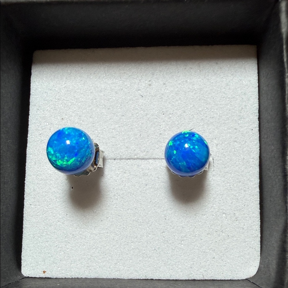 Blue Opal Round Stud Earrings - 925 Silver Elegant Blue Opal Jewelry